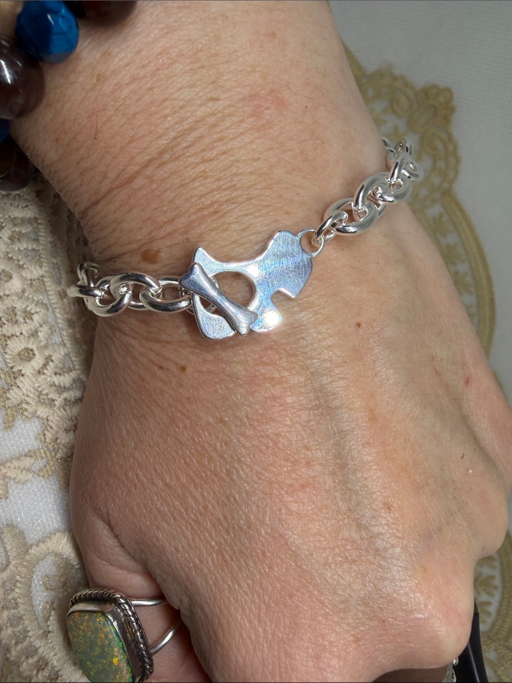 925 Sterling Silver Dog & Bone Statement Toggle Clasp Bracelet Animal Lover